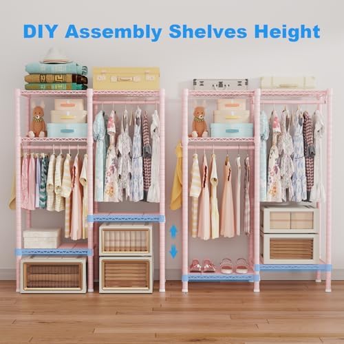 Ulif F1 Clothes Rack for Kids, Baby, Students, and Children's Room, 4 Tiers Portable Metal Closet Clothing Rack, Small Garment Rack with 2 Hanging Rod, 31.2" W x 11.8" D x 48" H, Pink - Image 4