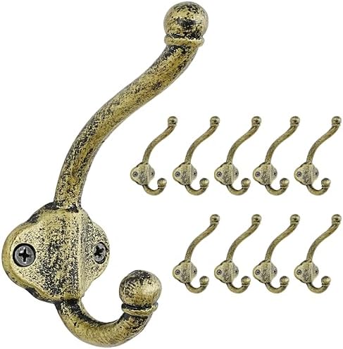 Dseap Cast Iron Wall Hooks L=5”, Heavy Duty Coat Hooks, Rustic Vintage Farmhouse Hook for Hanging Winter Coats Jackets Towels Hats Bags Plants, Antique Black& Gold, Pack of 10 (VintageBold) by Dseap
