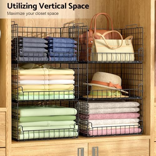 4-Tier Stackable Closet Organizers and Storage Basket - Foldable Closet Shelf Organizer System, Sturdy Metal Space-Saving Clothes Storage Bins for Wardrobe, Black - Image 2