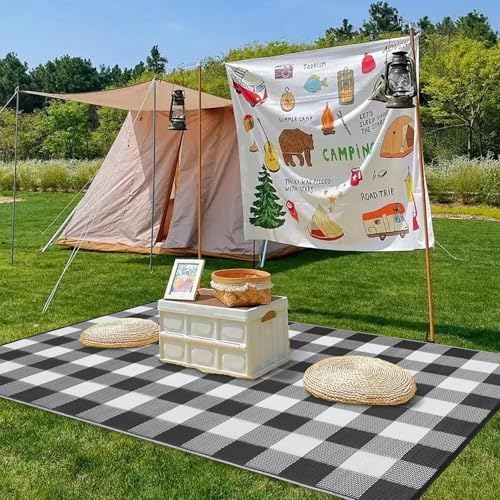 GlowSol Large Outdoor Rug 10x14 Plastic Straw Rug Waterproof UV Resistant Reversible Rug, Modern Black White Outdoor Checkered Rug, Foldable Camping Mat for Picnics, Beach, Backyard - Image 7