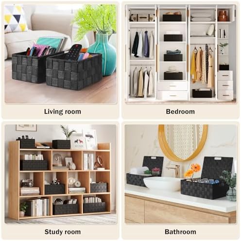 Storage Baskets with Lids: 5 Pack Stackable Woven Storage Bins, Black - Image 6