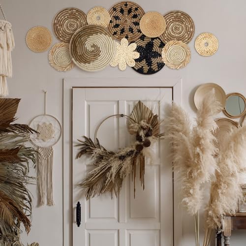 11 Pcs Boho Hanging Wall Basket Decor Handmade Woven Basket Wall Decorative Boho Wicker Baskets Placemats Round Farmhouse Bulrush Art for Rustic Home Decorations Christmas Gift(Rustic) - Image 4