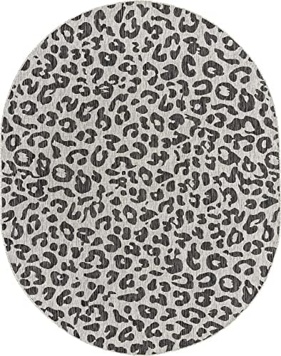 Unique Loom Outdoor Safari Collection Area Rug - Leopard (7' 10" x 10' Oval, Light Gray/ Gray) - Image 3