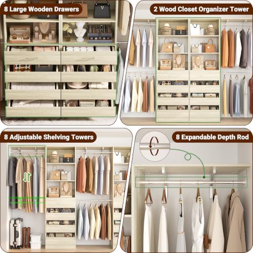 Aheaplus Closet System with Drawers Set of 2, Wood Closet Organizer System with 8 Hanging Rods & Top Shelves, Walk-in Closets Organizer Wardrobe Clothes Rack, Cut Fits Spaces 4-9FT. Wide, White Oak - Image 2