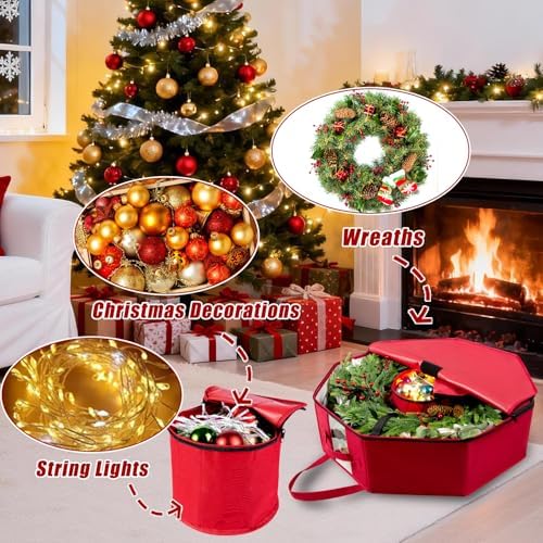 BrilliantJo 2 Pack Wreath Storage Christmas Garlands Bag with Interior Pockets Large Xmas Container Box for holiday Decorations Case with Dual Zipper and Handles Window Labeling Card Slot 24" Red - Image 5