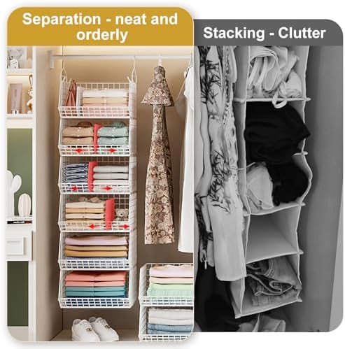 6 Tier Extra Large Hanging Closet Organizer, Closet Storage Hanging with Dividers, Wire Closet Shelf with 5 S Hooks 4 Dividers,Sweater Handbag Hat Accessory Storage Hanger,White - Image 6