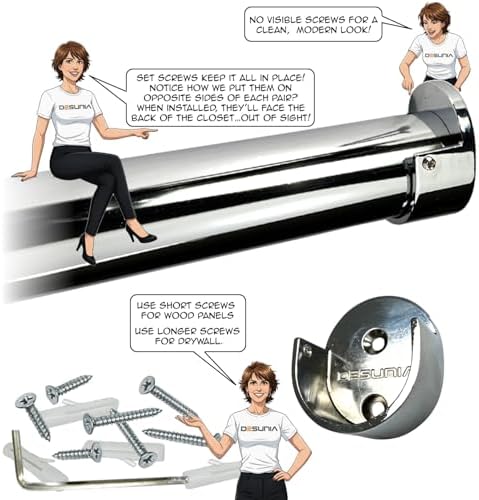 48" Round Closet Rod Kit | Polished Chrome | Screw-On End Brackets & Hardware | Heavy-Gauge Steel |8 Kits | Desunia - Image 2