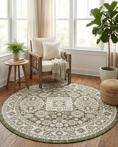 Rugs.com - Outdoor Aztec Rug – 4 Ft Round Green Indoor/Outdoor Rug – Washable Flatweave Tribal Design for Patios, Decks, and Porches - Image 4