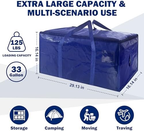 12 Pack Extra Heavy Duty Large Moving Bags with Strong Zipper & Carrying Handles, Sturdy Clothes Storage Bag Totes Bins, Packing Bags Moving Boxes College Moving Supplies, Dark Blue - 33 gal - Image 2