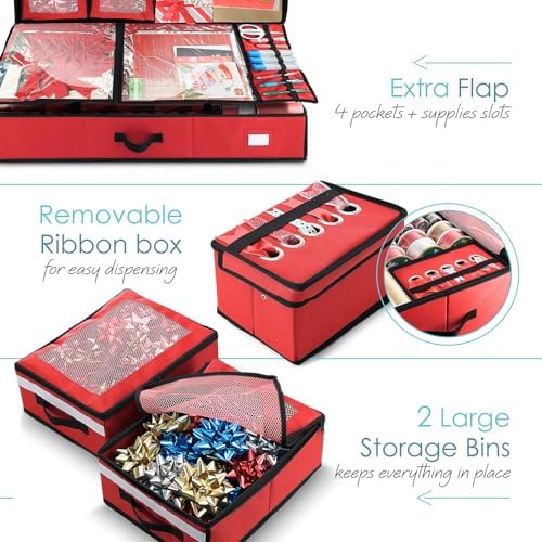 Hearth & Harbor Wrapping Paper Storage Container with Ribbon Dispenser and Interior Pockets - Large Christmas Storage Containers with Wheels, Fits 30 Rolls of 40" Length, Red - Image 4