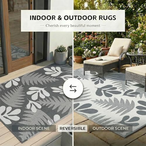wikiwiki 9x12ft Outdoor Rug, Reversible Plastic Patio Rug Waterproof, Indoor Outdoor Carpet Clearance, Large Area Carpet for Patio Deck Balcony Pool RV Camping Beach Picnic, Grey Small Leaves - Image 4