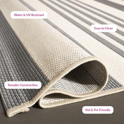 SAFAVIEH Courtyard Collection CY6062 Stripe Indoor/ Outdoor Non-Shedding Easy--Cleaning Patio Backyard Porch Deck Mudroom Area--Rug, 5'3" x 5'3" Square, Grey / Bone - Image 4