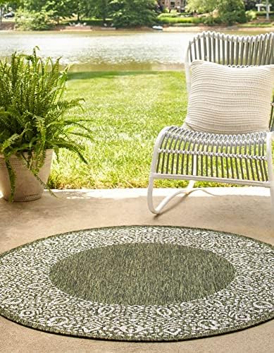 Unique Loom Outdoor Border Collection Area Rug - Floral Border (7' 10" Round, Green/ Ivory) - Image 3