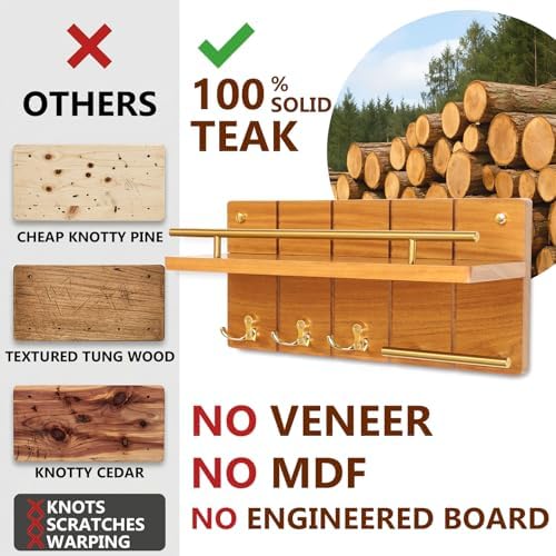 15.7” Solid Teak Wood Key Holder Wall Mount with Shelf and Hooks - Image 2