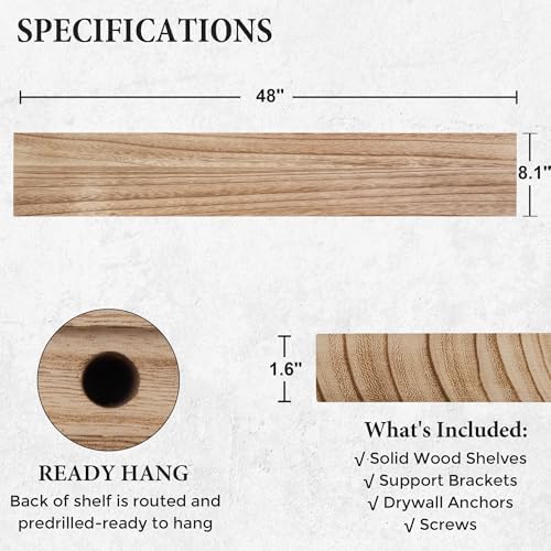 Axeman Floating Shelves, 8 Inch Deep Modern Solid Wood Wall Shelves for Storage, Wall Mounted Display Shelving with Invisible Heavy-Duty Metal Bracket, 48" W x 8" D x 1.6" H, Light Carbonized - Image 2