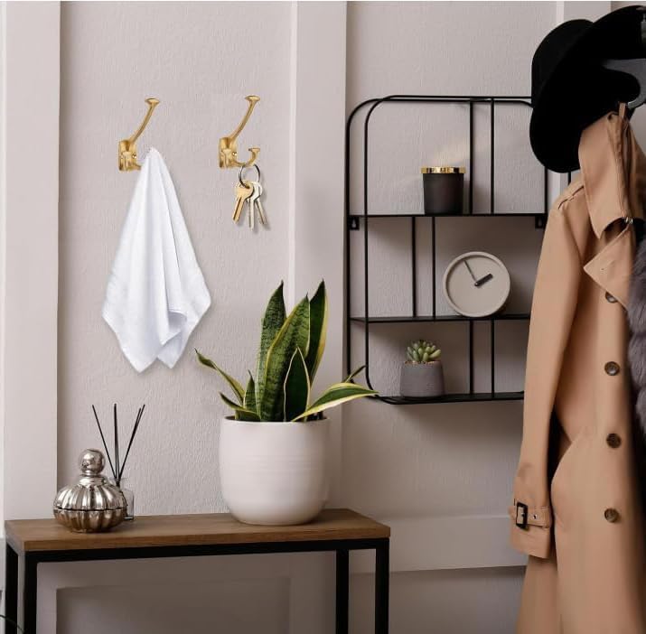 10 Pack Gold Hooks Large Wall Mounted Solid Heavy-Duty Decorative Double-Sided Matte Gold Coat Hooks for Triple Coat Hook Towels Coats Robes Towels Bag Bathroom Three Prong Coat Hook - Image 5