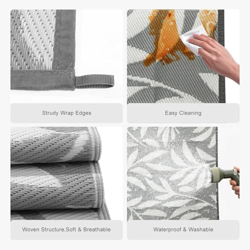 wikiwiki 9x18ft Outdoor Rug, Reversible Plastic Patio Rug Waterproof, Indoor Outdoor Carpet Clearance, Large Area Carpet for Patio Deck Balcony Pool RV Camping Beach Picnic, Grey Big Leaves - Image 5