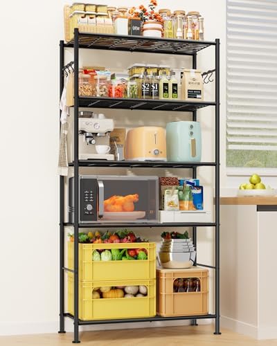 Sakugi 5-Tier Storage Shelves with 6 Hooks, 33.2" x 12.7" x 71.1", Black - Image 2