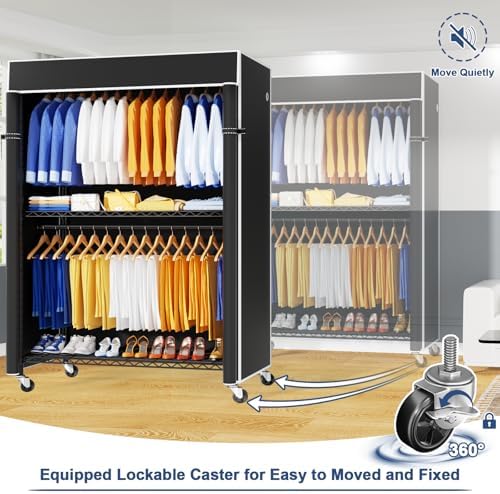 ULIFHOME P8C Pro Heavy Duty Clothes Rack（With Extended Width Design） Rolling Clothing Racks for Hanging Clothes with Lockable Wheels，42" W x 15.8" D x 80.5" H，Load 700LBS，Black Rack with Black Cover - Image 5