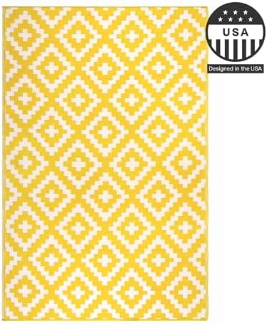 FH Home Outdoor Rug - Waterproof, Fade Resistant, Reversible - Premium Recycled Plastic - Geometric - Large Patio, Deck, Sunroom, Camping, RV - Aztec - Yellow & White Crease Free - 6 x 9 ft - Image 4