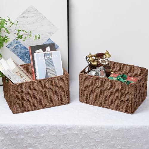 Vagusicc Wicker Storage Basket, Set of 2 Hand-Woven Paper Rope Wicker Basket, Small Storage Baskets for Organizing Toilet Paper Basket, Foldable Large Cube Storage Organizer Bins for Shelves (Brown) - Image 7