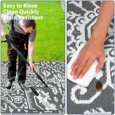 GAOMON 8x10 Grey Outdoor Rug Waterproof Boho Vintage Reversible Plastic Straw Rug Mat UV-Resistant Foldable Retro Medallion Camping Indoor Outdoor Carpet for Patio RV Deck Balcony Picnic, Grey White - Image 7