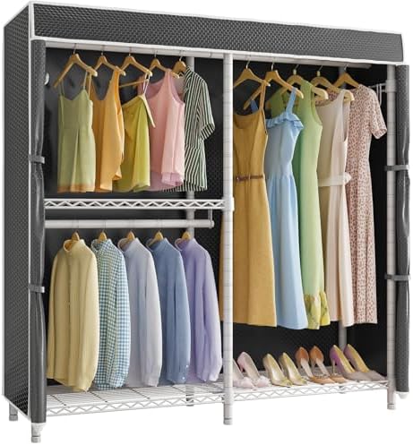VIPEK V4C Garment Rack with Cover, Heavy Duty Portable Closet Adjustable Metal Clothing Rack for Hanging Clothes with Hanging Rods & Side Hooks, Max Load 810lbs, White Rack with Black Cover by VIPEK