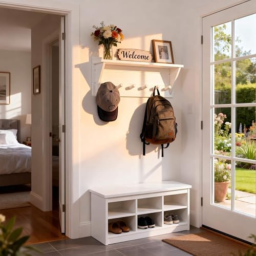 WEBI Coat Rack Wall Mount with Shelf,24" Long Entryway Wall Shelf with Hooks Underneath,6 Peg Hooks for Hanging Coats,Caps,Jacket,Clothes,White - Image 2