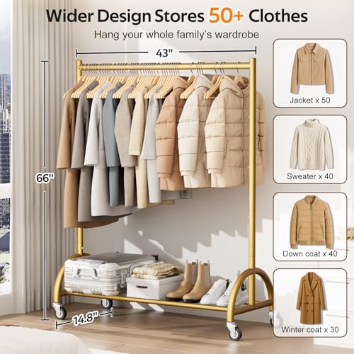 MISSLO Heavy Duty Clothing Rack with Wheels Rolling Clothes Racks for Hanging Clothes, Coats, Garment, Dress, Gold - Image 2