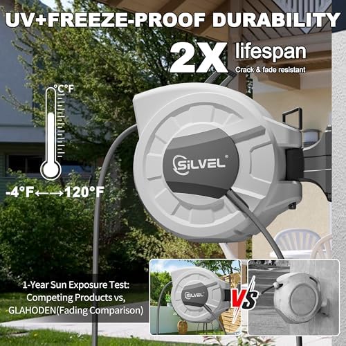 SILVEL 1/2 in x 130 FT Retractable Garden Hose Reel, Upgraded UV Resistant Heavy Duty Automatic Hose Reel Wall Mount with 10 Pattern Nozzle, Any Length Lock & Slow Return System, 180°Swivel Bracket - Image 3