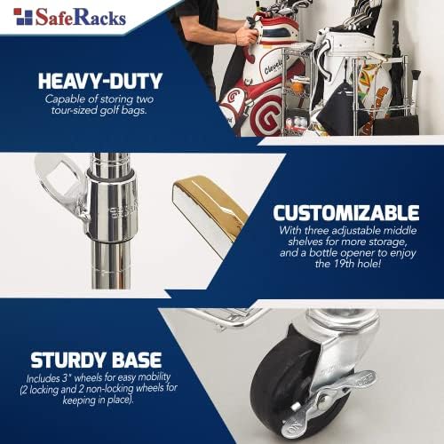 SafeRacks Golf Equipment Organizer Rack, Golf Bag Storage Rack for Garage, Fits 2 XL Bags & Accessories - Standard and Deluxe - Image 3