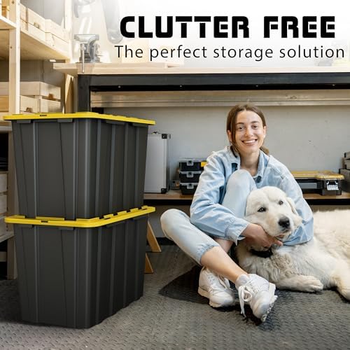 Our Modern Space 4 PACK of X-Large 23 Gallon Plastic Storage Bin Tote Organizing Container with Secure Latching Lids, Stackable, Extra Strength with Built in Handle - Black & Yellow - Image 4