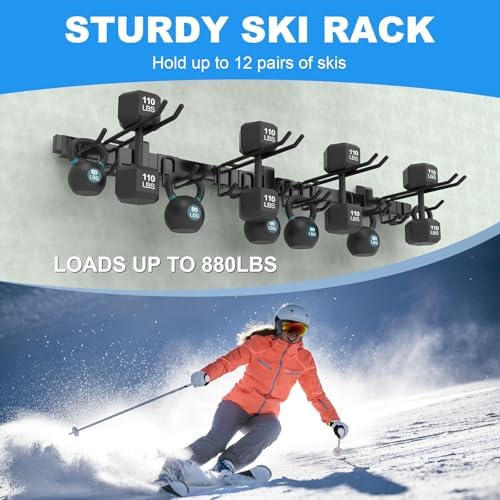 48'' Ski Rack Wall Mount,12 Pairs Ski Holders for Wall with Movable Rubber-Coated Hooks for Garage Storage Organizer System, Snowboard Wall Mount for Garage and Home Shed, Holds Up to 880lbs - Image 4