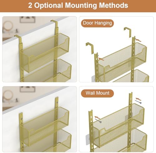 VyGrow Over The Door Organizer, Metal Door Organizer Hanging with 5 Adjustable Baskets and Coat Hook, Behind The Door Storage for Bedroom Closet Bathroom Pantry Cabinet Kitchen, Gold - Image 4