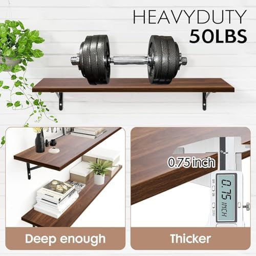 Kaboon 45 inch Long 10 inch Deep Floating Shelves for Wall Set of 2, Large Open Shelves Wall Mounted, Space Saving Home and Commercial Use, Walnut - Image 6