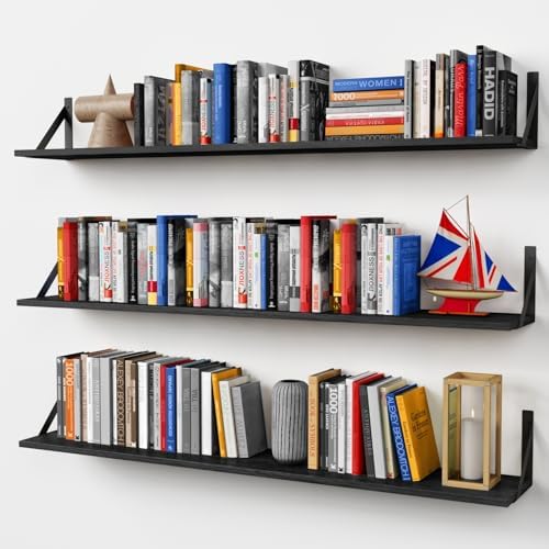 Forbena 48 Inch Long Floating Book Shelves for Wall Set of 3, Black Wall Bookshelves for Living Room, Large Heavy Duty Wood Wall Mounted Hanging Bookshelf for Bedroom Office Library Classroom by Forbena