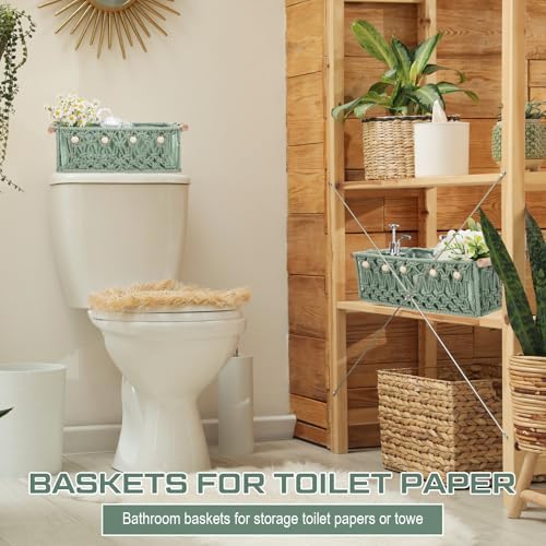 Vesici 4 Pcs Sage Green Macrame Storage Baskets Shelves 13" 11" Wood Handle - Image 6