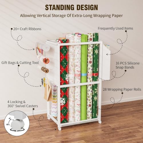 Wrapping Paper Organizer with Wheels, Metal Gift Wrap Storage Cart, Vertical Craft Organizer with 16 Slap Bands for Wrapping Paper Rolls, Wrapping Supplies Storage - Image 4
