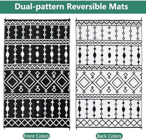 Acekool 9x12ft Outdoor Rug Waterproof, Foldable Reversible Plastic Straw Area Rugs Mat for Camper, RV Mat Outside, Indoor Outdoor Carpet for Porch, Black & White - Image 4