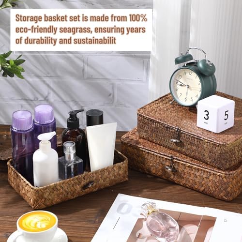 Didaey Set of 4 Seagrass Basket with Lid Wicker Storage Basket Decorative Storage Boxes with Lids Flat Storage Bins Woven Organizer Baskets for Shelf Closet Bedroom, 4 Sizes (Dark Brown) - Image 4