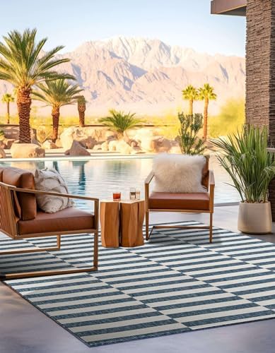 Unique Loom Outdoor Striped Collection Area Rug - Striped (5' 3" Square Blue/Ivory) - Image 5