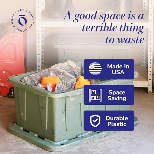 HOMZ 2-Pack Durabilt Tote, Heavy Duty Plastic Storage Bins with Lids, 15 Gallon, Green Camo - Stackable Organizing Containers for Home, Garage, and Office - Image 6