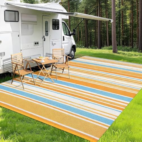 Garvee 8x10 Outdoor Rug Modern Striped Lines Plastic Straw Rug Blue Orange - Image 2