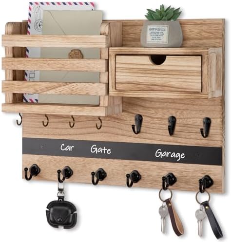 Nekon Key Holder Wall Mount with Drawer, 14.5" Mail Holder, Wood by NekonDesign