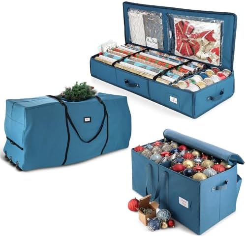 Hearth & Harbor Christmas Tree Storage Bag 7.5 ft, Wrapping Paper Storage Organizer Container & Large Christmas Ornament Storage Box With Adjustable Dividers by HearthHarbor