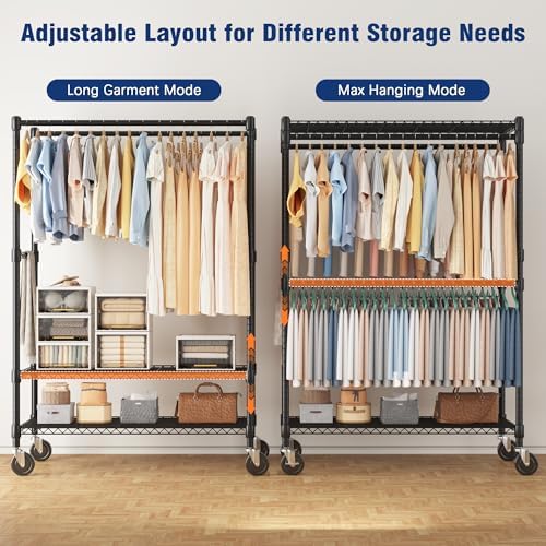 Homdox Heavy Duty Rolling Clothes Rack, Adjustable Clothing Rack for Hanging Clothes, Portable Closet Rack with 4 Hanging Rods, 2 Storage Shelves, 35.5" W x 20.5" D x 80" H, Black - Image 3