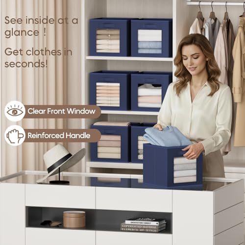 Homsorout Storage Cube 11 Inch - Cube Storage Bins with Window, Closet Storage Baskets with Handle, Fabric Bins for Closet, Shelves, Toys, Clothes, Set of 10, Navy Blue - Image 2