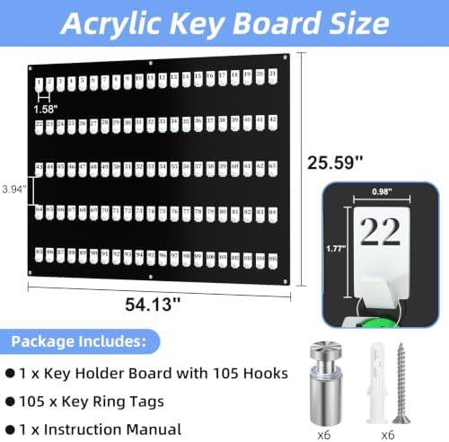 105 Hooks Acrylic Key Board with Numbers, Wall Mount Key Holder Rack with 105 Tags, Key Storage Organization, Black Hanging Board for Garage, Car Dealer, Office, Home, Hotel, Real Estate, School - Image 2
