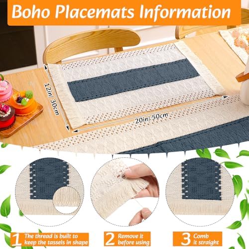6 Sets Boho Placemat Table Runner Napkin Rings, Blue, 12x72 - Image 2