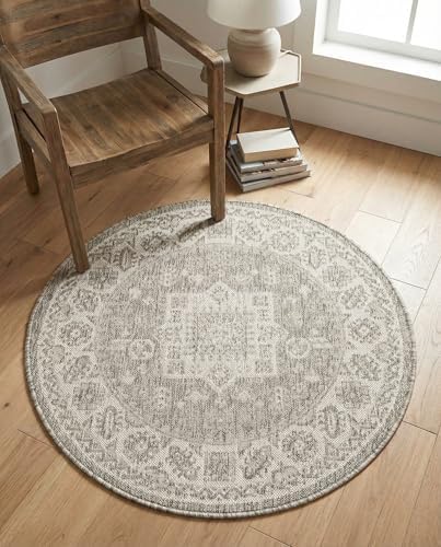 Rugs.com - Outdoor Aztec Rug – 3 Ft Round Light Gray Indoor/Outdoor Rug – Weather-Resistant and Easy-Clean Accent for Patios, Decks, and Porches by Rugscom